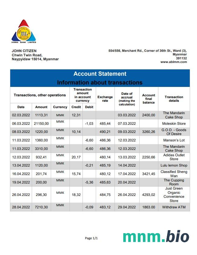 Szablon wyciągu bankowego Myanmar Innwa Bank Limited w programie Word i PDF